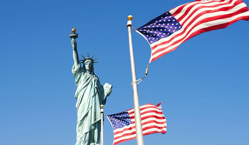 Statue of Liberty Surrounded by American Flags – montage