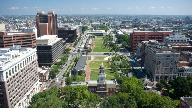 Vista aérea do Parque Histórico Nacional da Independência na Filadélfia